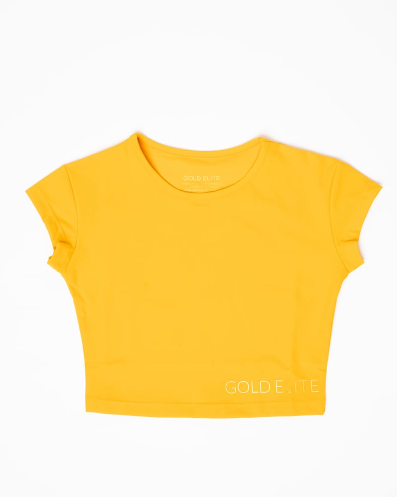 Front of a size L Sports Tee Cropped in Sunshine Marigold by Gold Elite Apparel. | dia_product_style_image_id:284857